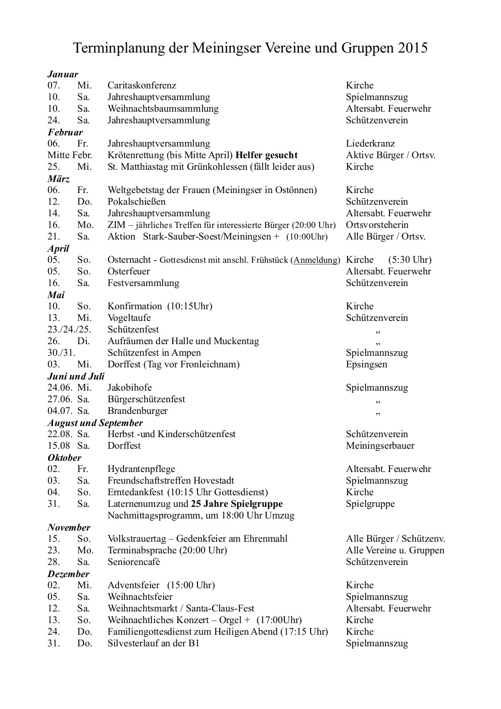Terminplanung der Meiningser Vereine und Gruppen 2015